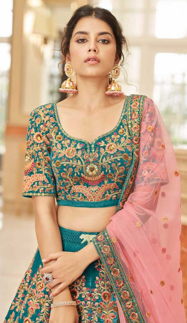 Teal Velvet Embroidered Wedding Wear Designer Lehenga Choli -10240192967