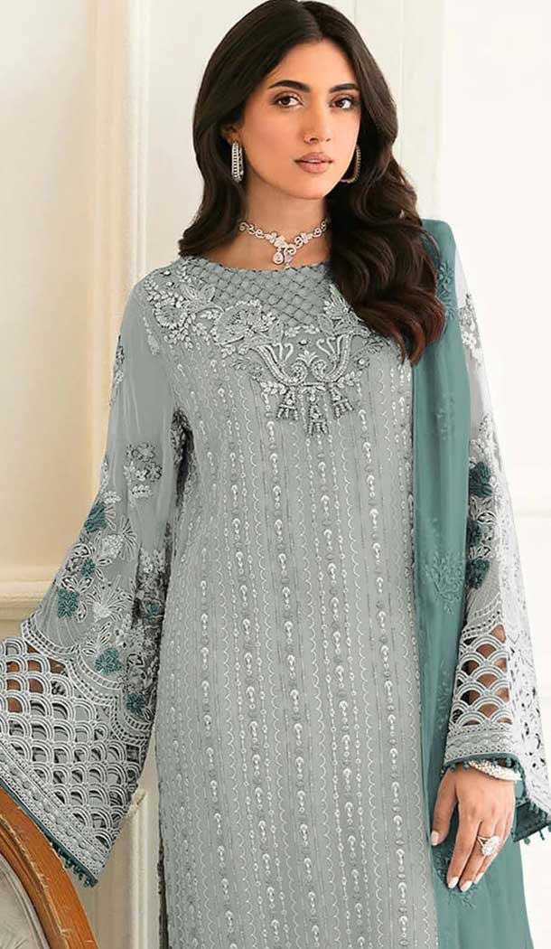 Fox Georgette Embroidered Pakistani Style Salwar Kameez In Light Sea Green - 10250192985