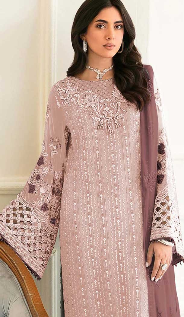 Fox Georgette Embroidered Pakistani Style Salwar Kameez In Light Pink - 10250192986