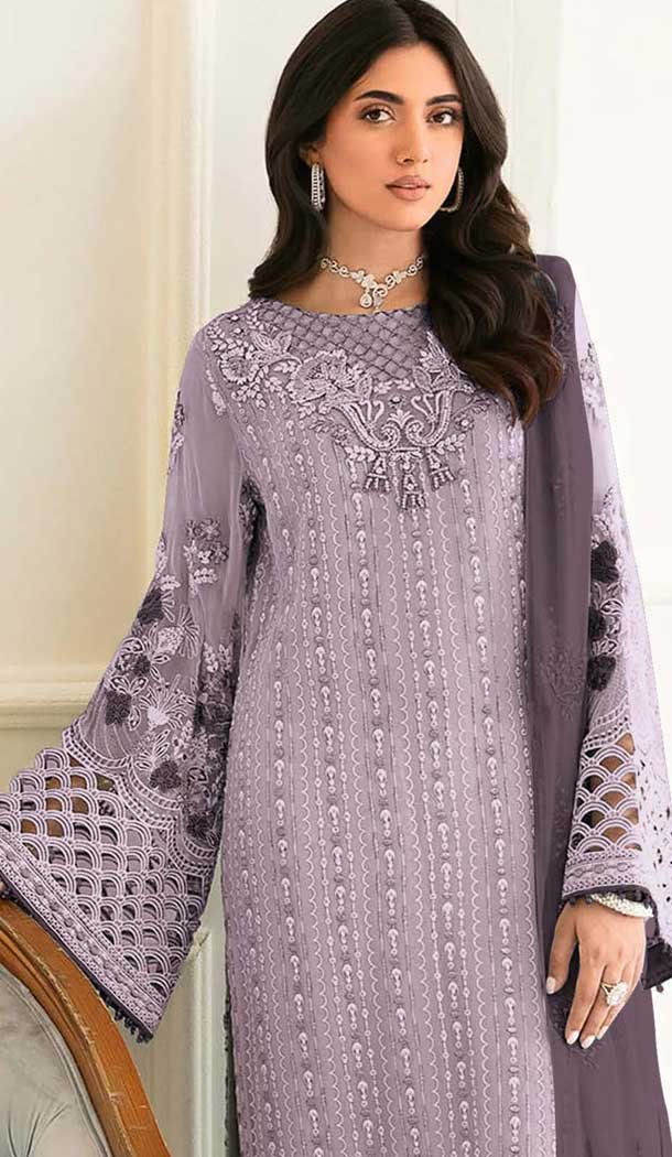 Fox Georgette Embroidered Pakistani Style Salwar Kameez In Light Purple - 10250192989