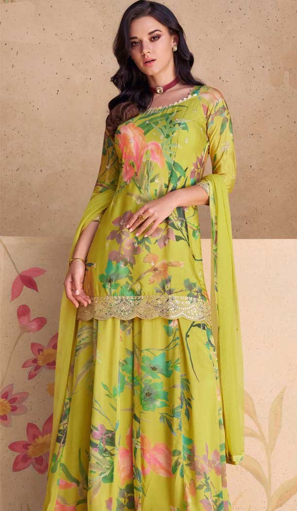 Lemon Yellow Chinon Embroidered Party Wear Sharara Suit - 10252192994