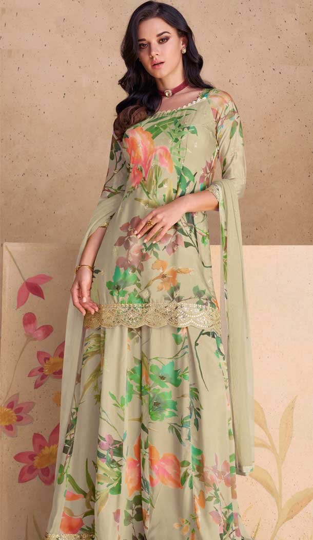Beige Chinon Embroidered Party Wear Sharara Suit - 10252192997