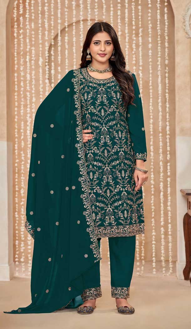 Faux Georgette Resham Work Pakistani Salwar Kameez In Teal Blue - 10264193061