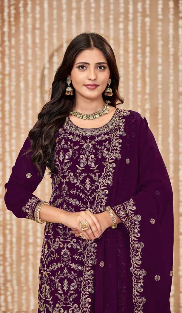 Faux Georgette Resham Work Pakistani Salwar Kameez In Wine - 10264193062