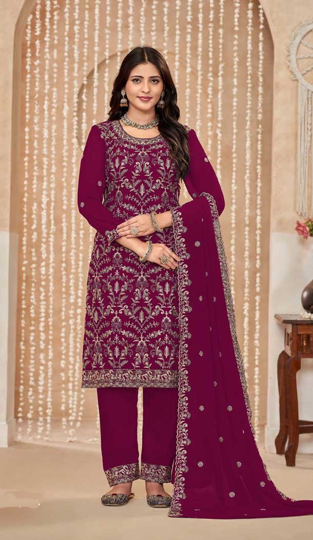 Faux Georgette Resham Work Pakistani Salwar Kameez In Rani Pink - 10264193064