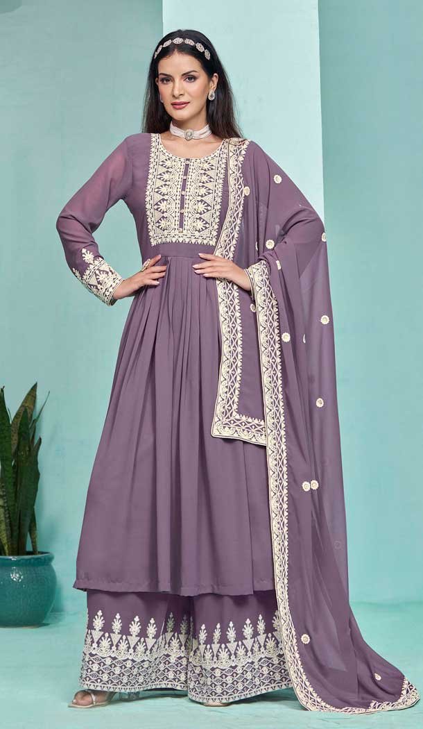 Faux Georgette Sequins Work Party Wear Palazzo Suit In Onion Pink - 10268193089