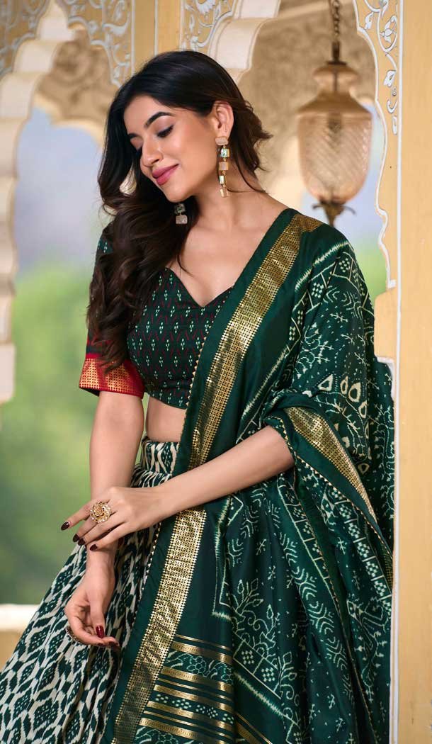 Green Tussar Silk Foil Work Traditional Wear Lehenga Choli - 10278193124