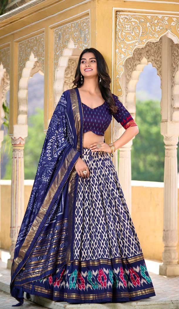 Navy Blue Tussar Silk Foil Work Traditional Wear Lehenga Choli - 10278193126