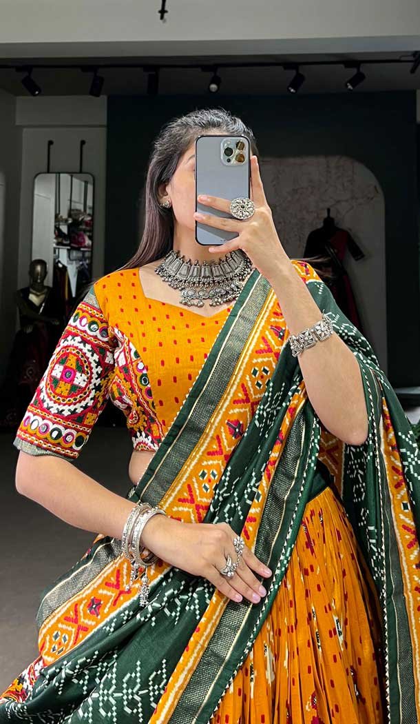 Mustard Tussar Silk Gamthi Work Navratri Lehenga Choli - 10279193128