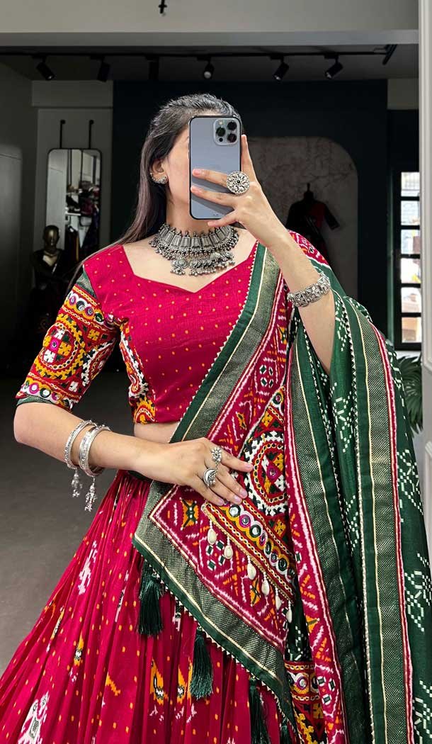 Maroon Tussar Silk Gamthi Work Navratri Lehenga Choli - 10279193130