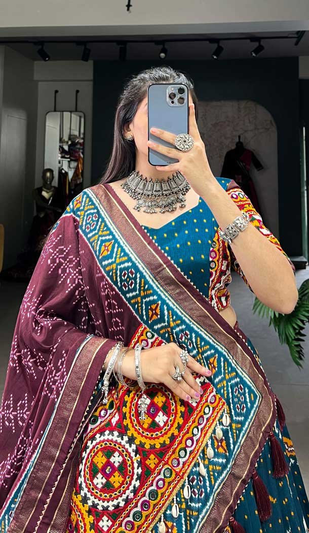 Rama Blue Tussar Silk Gamthi Work Navratri Lehenga Choli - 10279193131