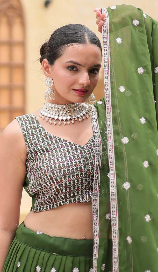 Fox Georgette Embroidered Party Wear Lehenga Choli In Mehendi Green - 10307193264