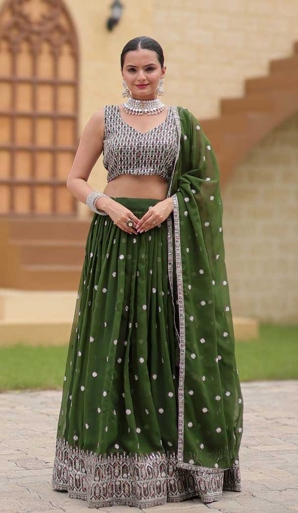 Fox Georgette Embroidered Party Wear Lehenga Choli In Mehendi Green - 10307193264