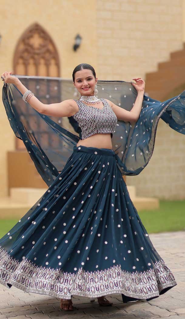 Fox Georgette Embroidered Party Wear Lehenga Choli In Navy Blue - 10307193265