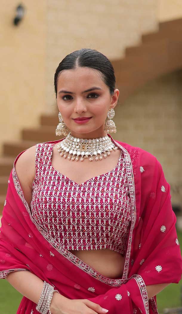 Fox Georgette Embroidered Party Wear Lehenga Choli In Rani Pink - 10307193266