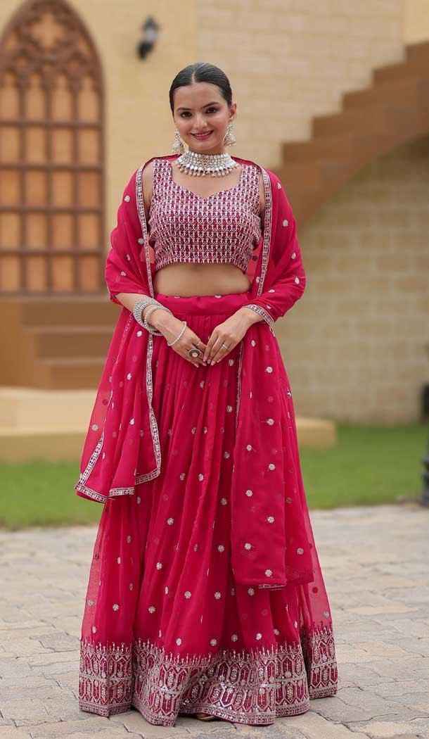 Fox Georgette Embroidered Party Wear Lehenga Choli In Rani Pink - 10307193266