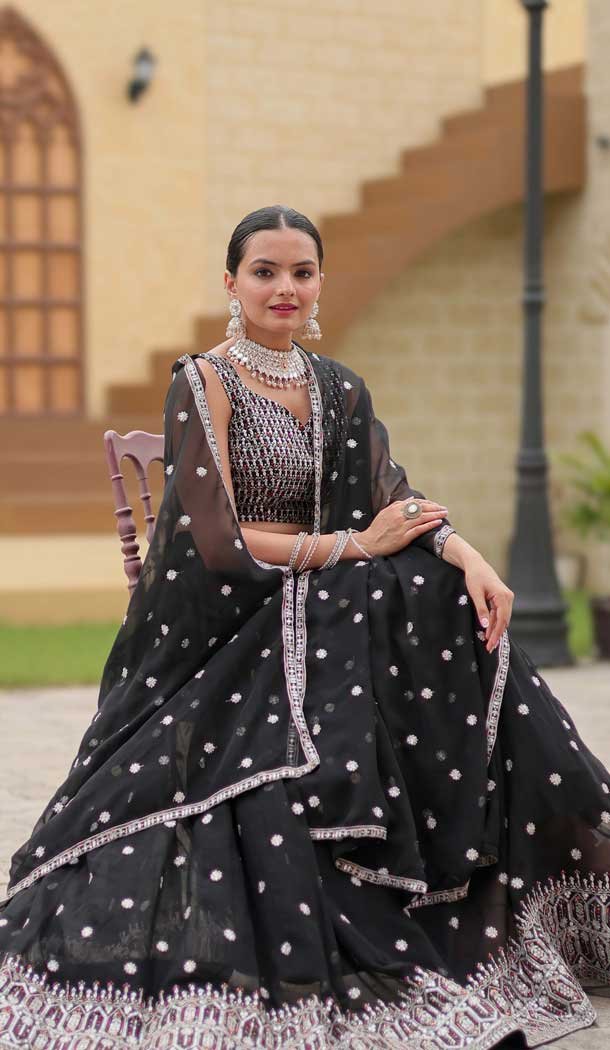 Fox Georgette Embroidered Party Wear Lehenga Choli In Black - 10307193267