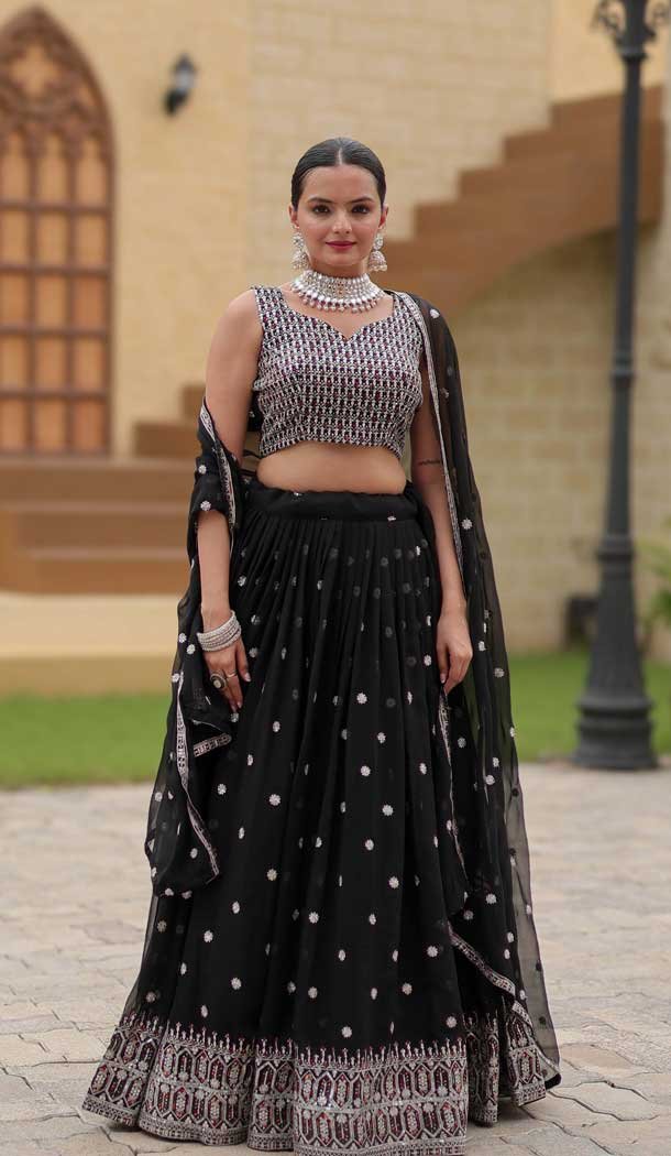 Fox Georgette Embroidered Party Wear Lehenga Choli In Black - 10307193267