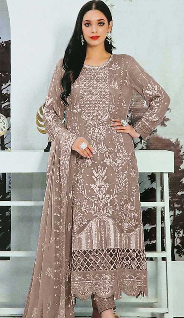Beige Faux Georgette Embroidered Pakistani Style Salwar Kameez - 10332193454