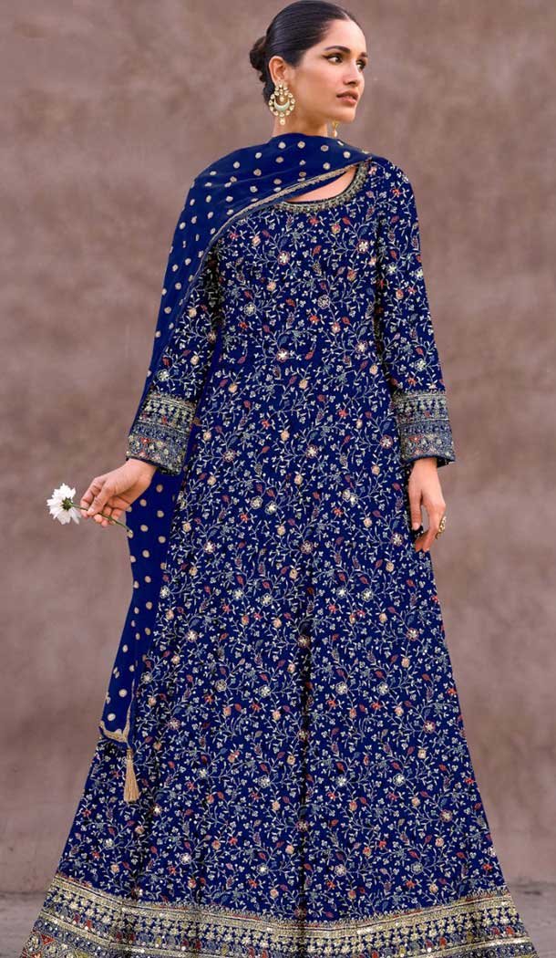 Georgette Embroidered Party Wear Anarkali Salwar Suit In Navy Blue - 10334193471