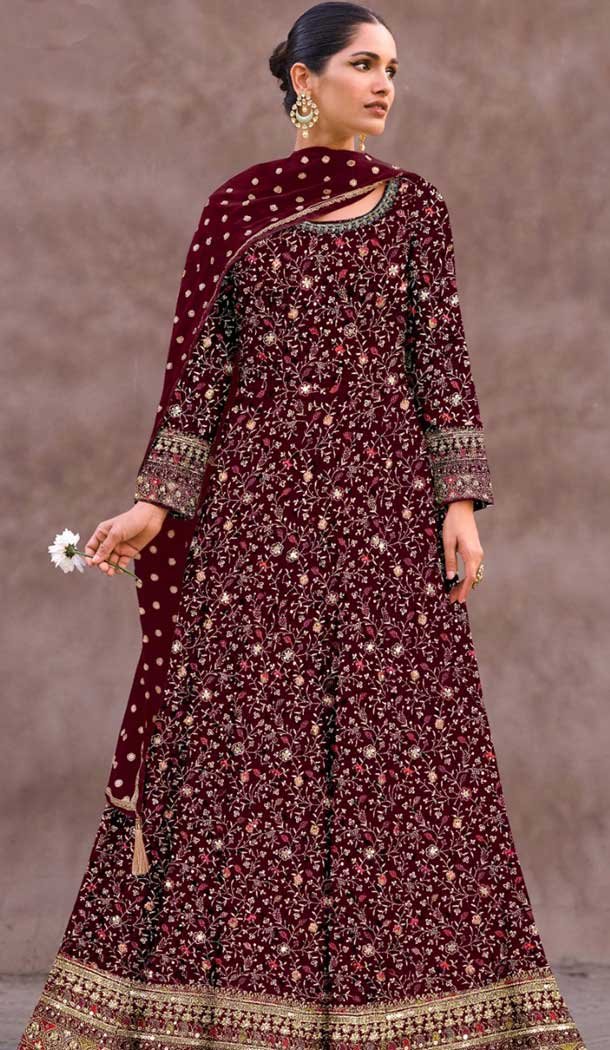 Georgette Embroidered Party Wear Anarkali Salwar Suit In Maroon - 10334193472