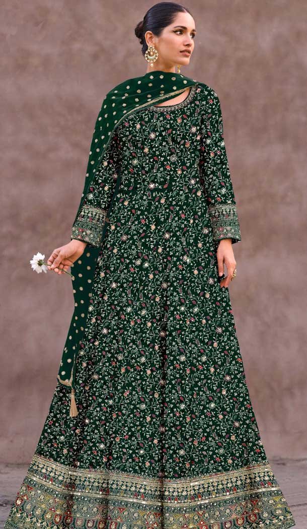 Georgette Embroidered Party Wear Anarkali Salwar Suit In Green - 10334193473