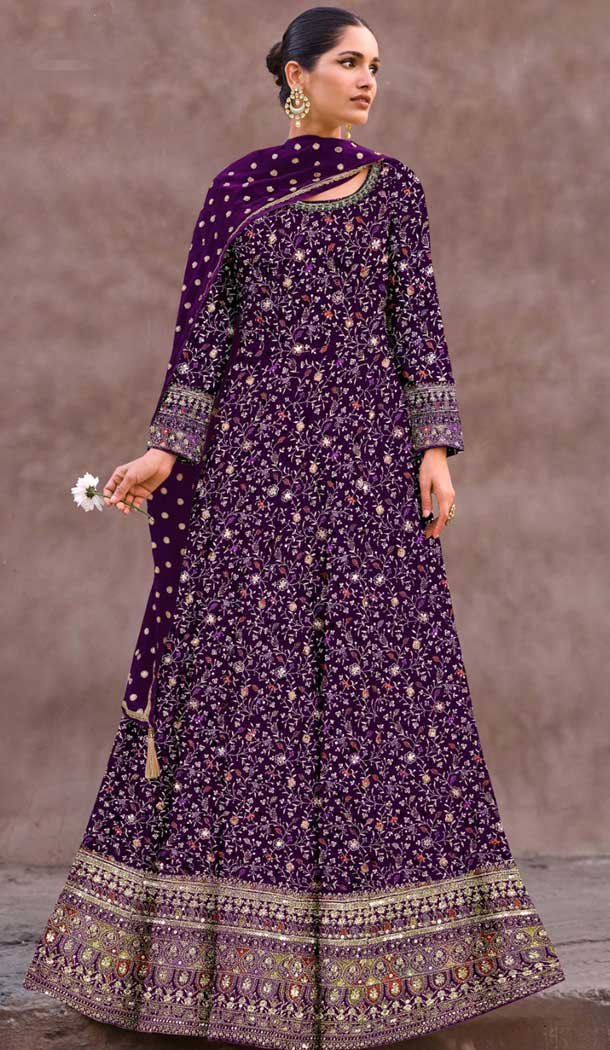 Georgette Embroidered Party Wear Anarkali Salwar Suit In Purple - 10334193474
