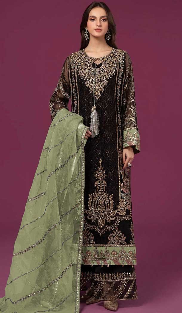 Fox Georgette Black Embroidered Pakistani Style Palazzo Salwar Suit - 10335193476