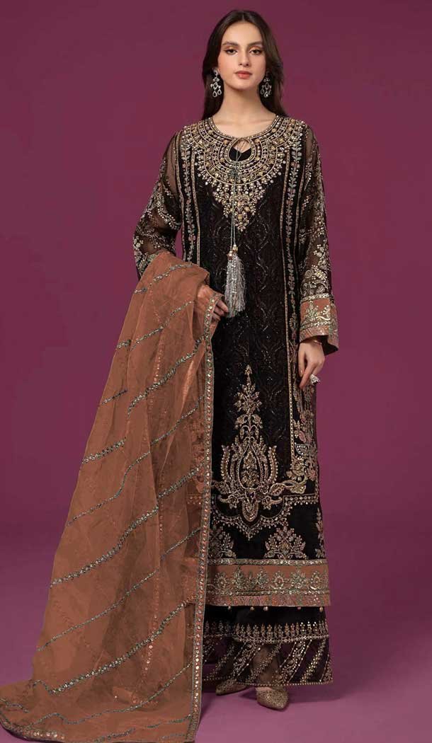 Fox Georgette Embroidered Pakistani Style Palazzo Salwar Suit In Black - 10335193477