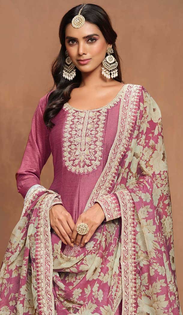 Art Silk Embroidered Party Wear Gown With Dupatta In Mauve - 10337193480