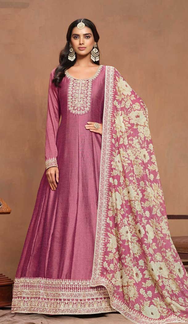 Art Silk Embroidered Party Wear Gown With Dupatta In Mauve - 10337193480