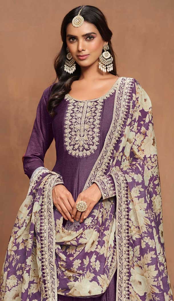 Art Silk Embroidered Party Wear Gown With Dupatta In Purple - 10337193481