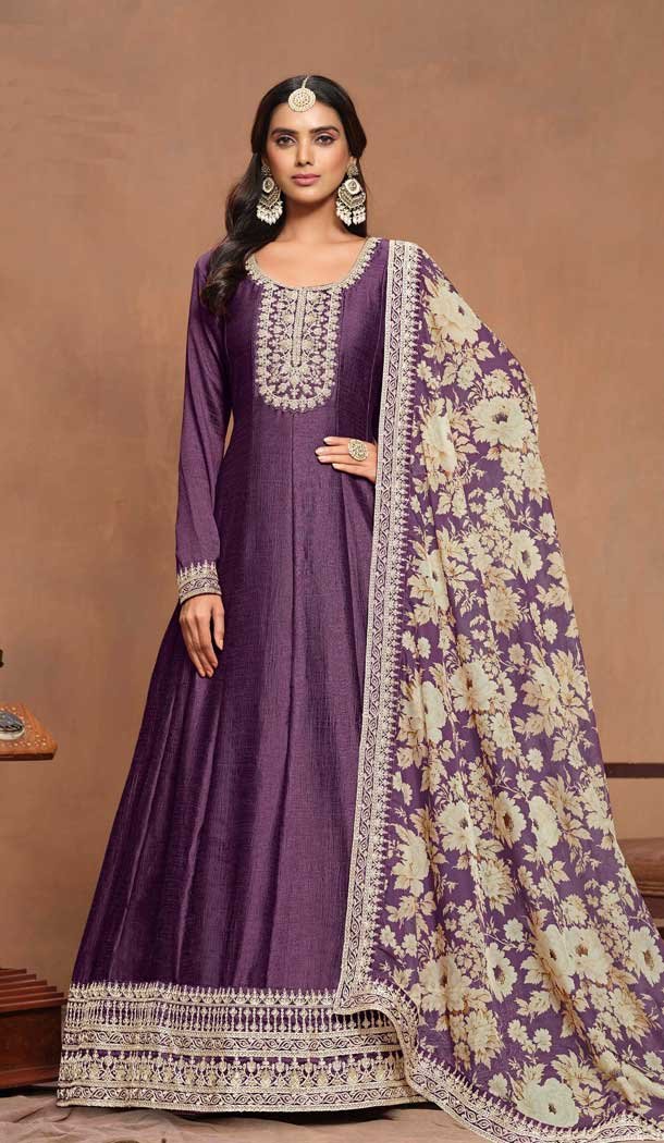 Art Silk Embroidered Party Wear Gown With Dupatta In Purple - 10337193481