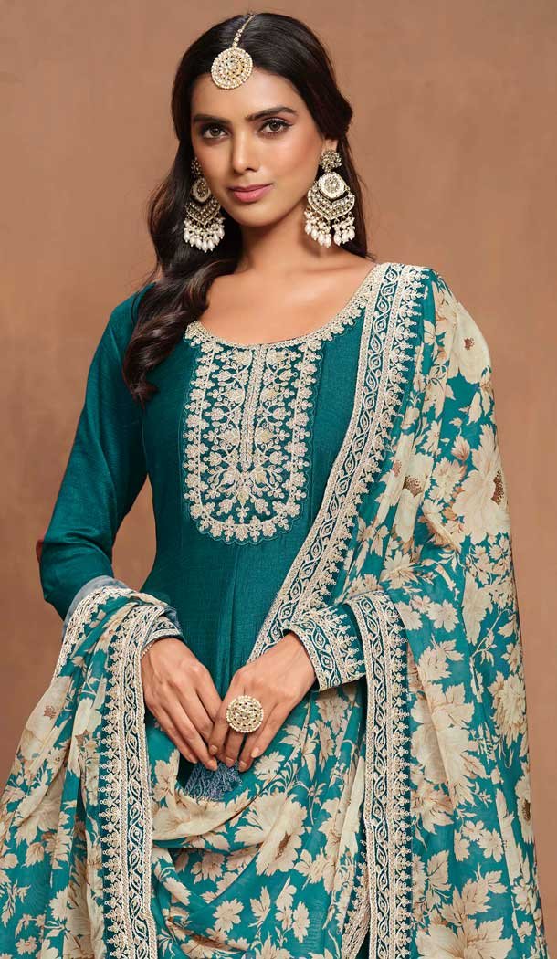 Art Silk Embroidered Party Wear Gown With Dupatta In Rama - 10337193482