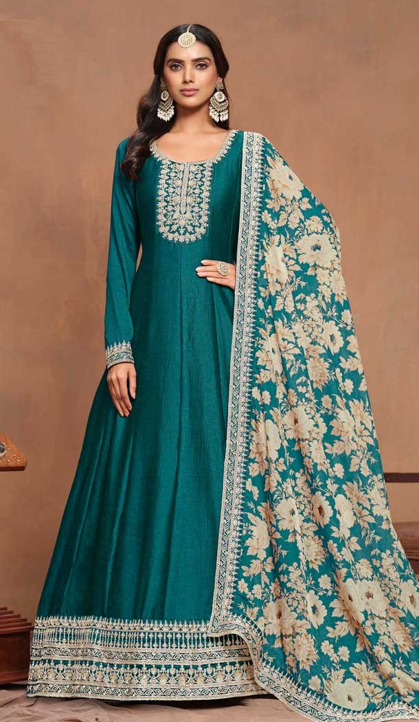 Art Silk Embroidered Party Wear Gown With Dupatta In Rama - 10337193482