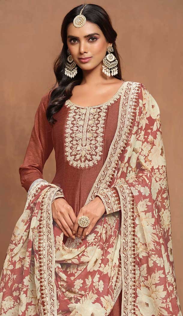 Art Silk Embroidered Party Wear Gown With Dupatta In Brown - 10337193483