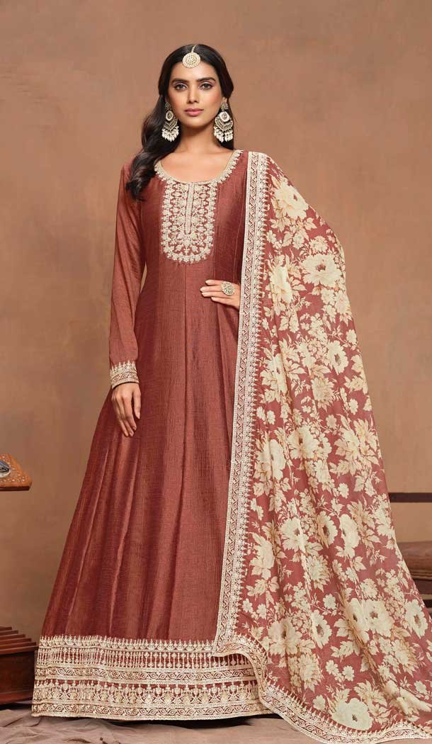 Art Silk Embroidered Party Wear Gown With Dupatta In Brown - 10337193483