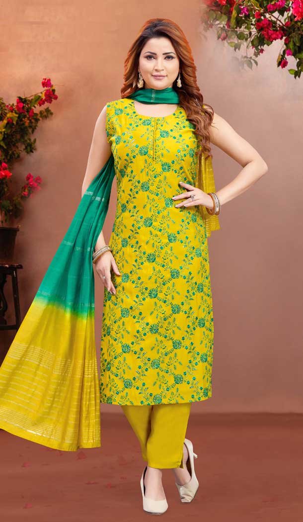 Yellow Soft Silk Resham Work Designer Readymade Salwar Suit - 10341193500