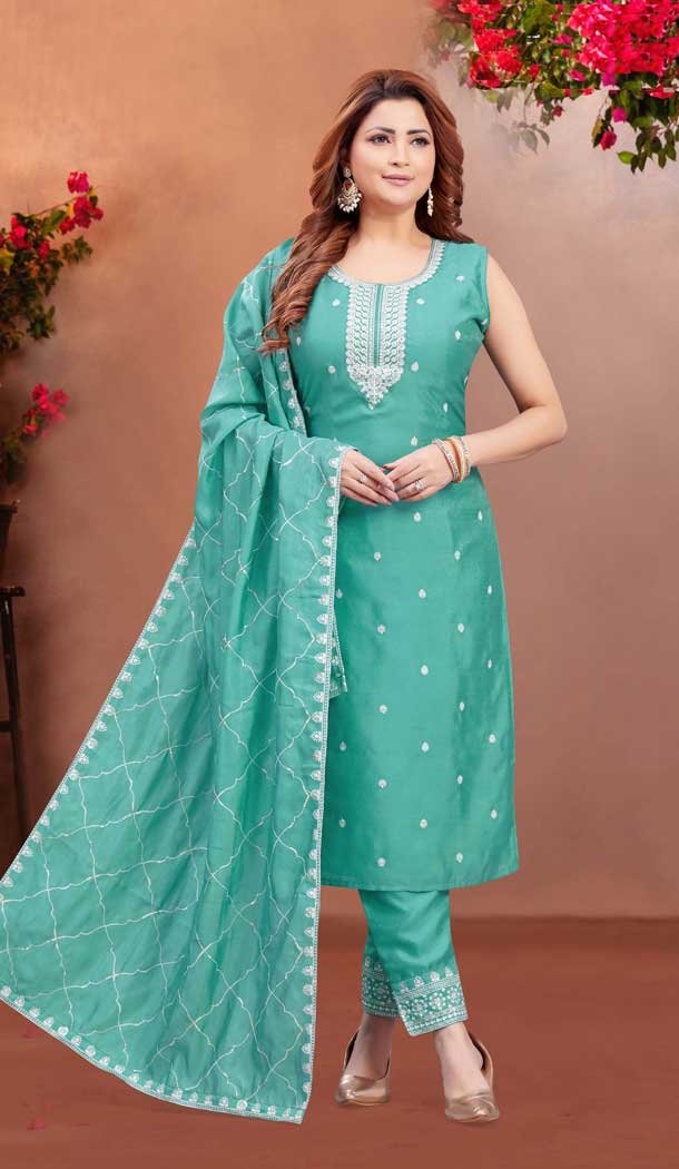 Firozi BlueTissue Silk Resham Work Designer Readymade Salwar Suit - 10341193508