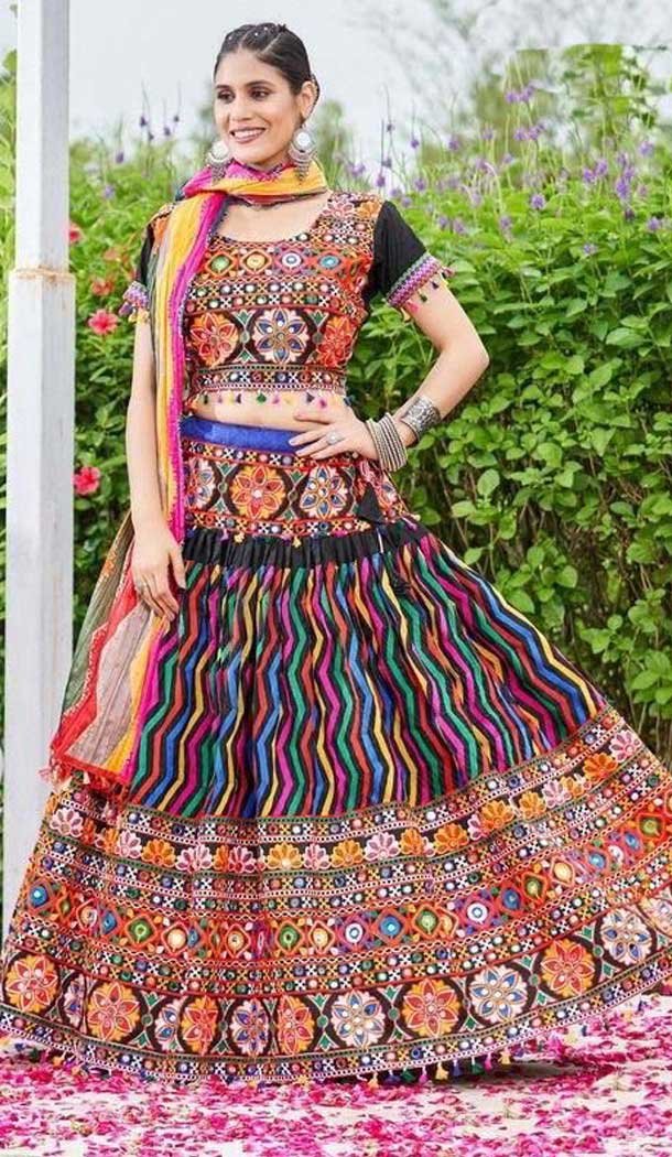 Multi Color Cotton Embroidery Work Traditional Wear Lehenga Choli - 10355193576
