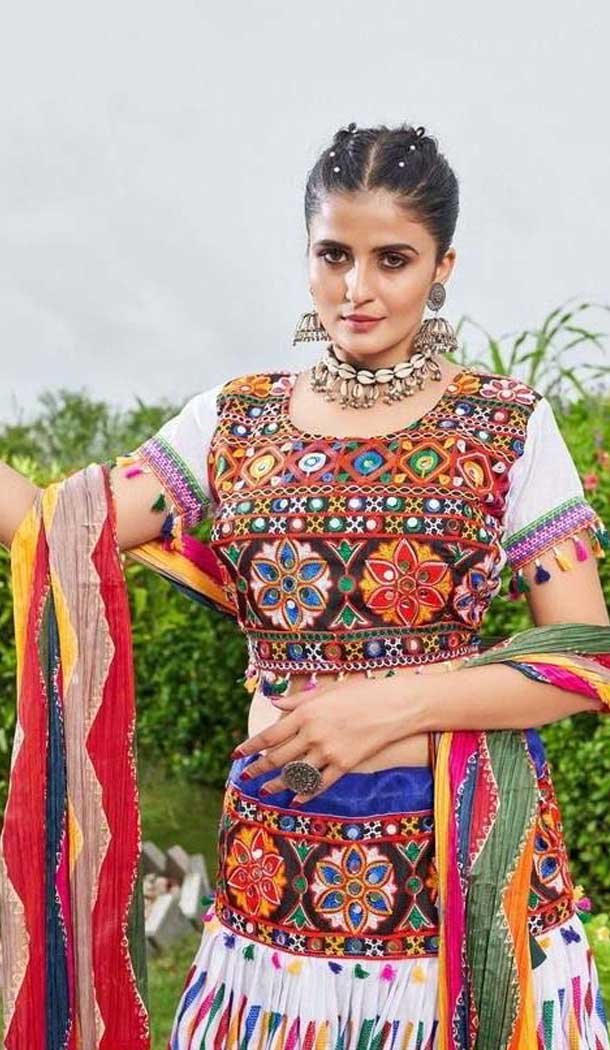 White Cotton Embroidery Work Traditional Wear Lehenga Choli - 10355193579