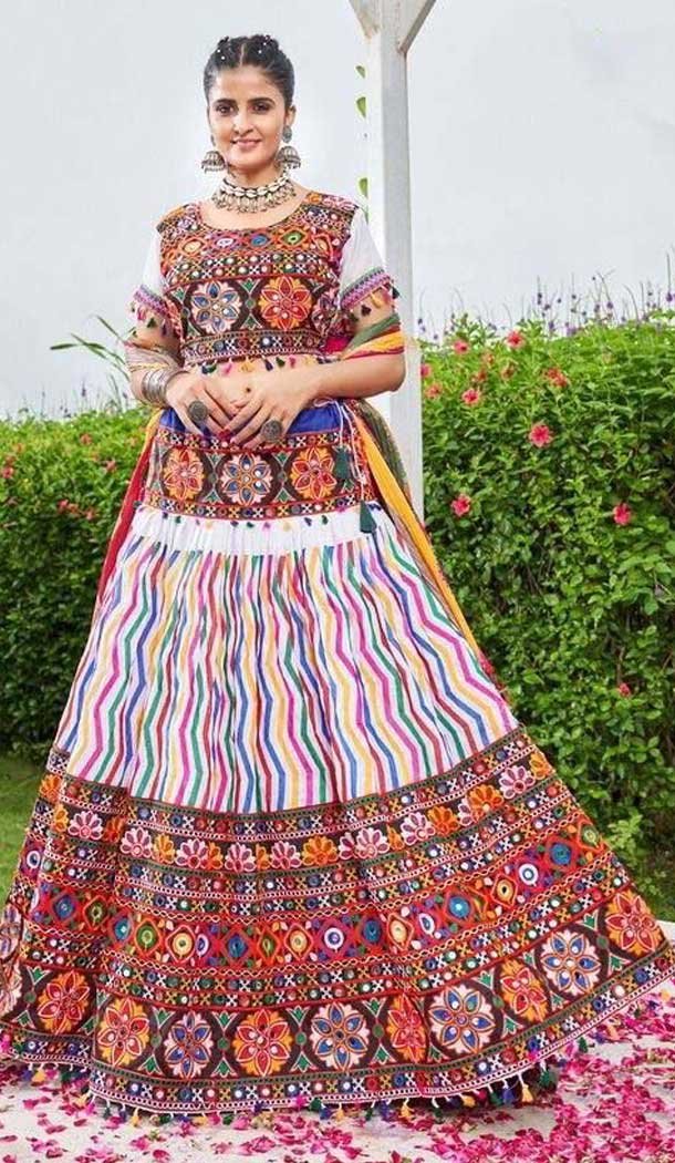 White Cotton Embroidery Work Traditional Wear Lehenga Choli - 10355193579