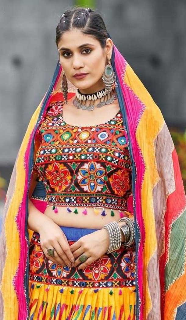 Yellow Cotton Embroidery Work Traditional Wear Lehenga Choli - 10355193580