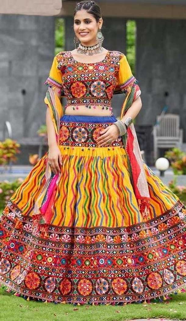 Yellow Cotton Embroidery Work Traditional Wear Lehenga Choli - 10355193580
