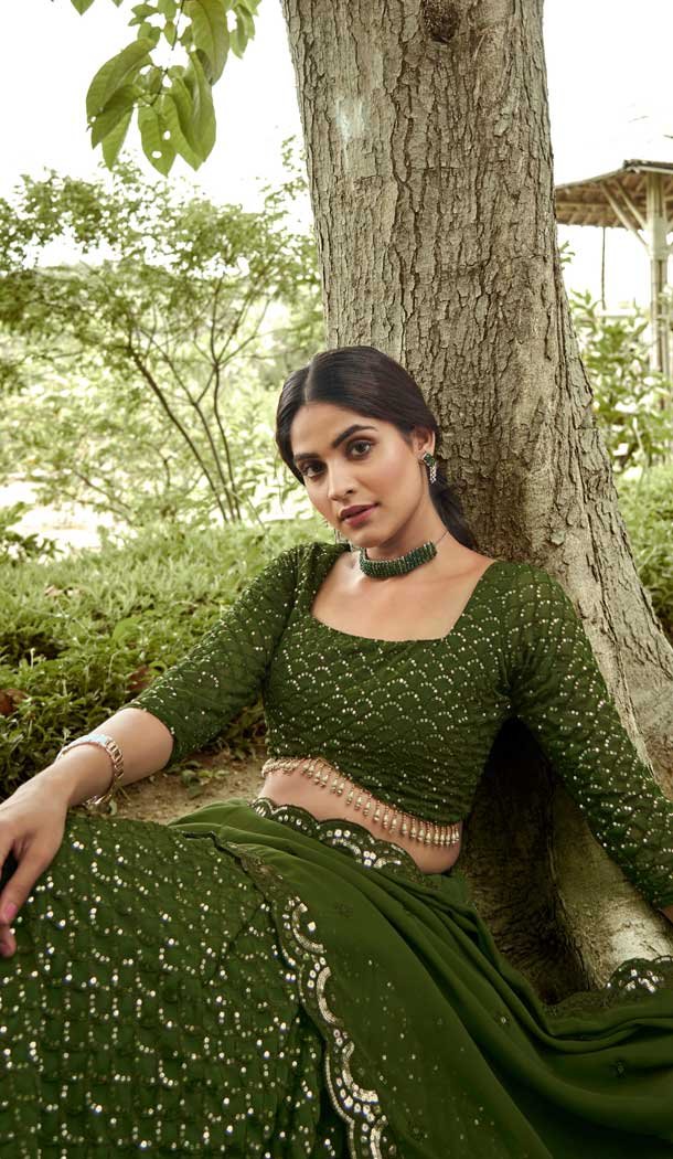 Mehendi Georgette Sequins Work Party Wear Lehenga Choli - 10356193581
