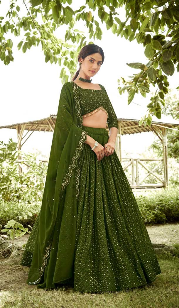 Mehendi Georgette Sequins Work Party Wear Lehenga Choli - 10356193581