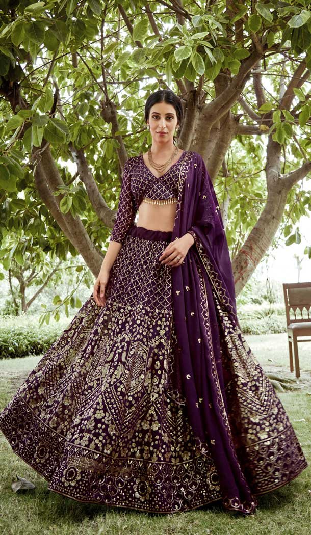 Dark Purple Georgette Sequins Work Party Wear Lehenga Choli - 10356193582