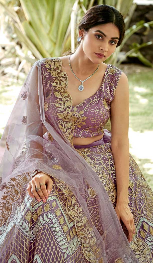 Lavender Net Ribbon Work Party Wear Lehenga Choli - 10356193583