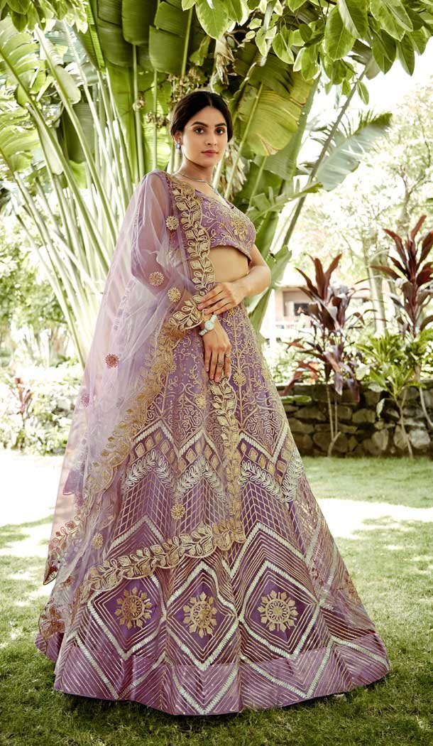 Lavender Net Ribbon Work Party Wear Lehenga Choli - 10356193583