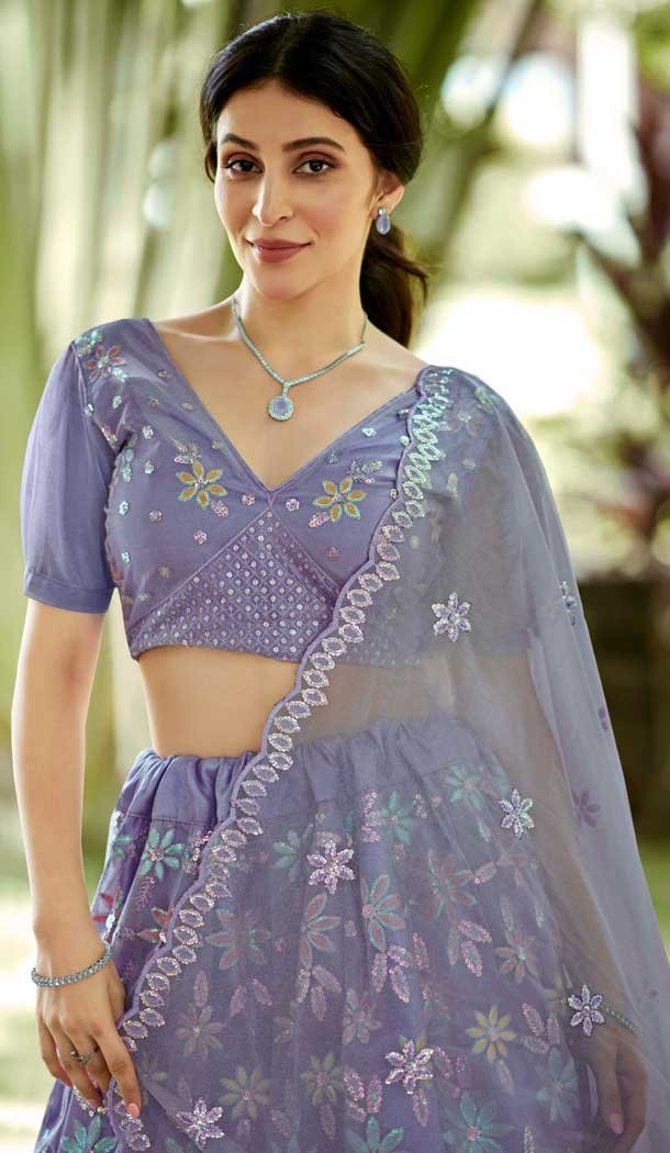 Light Lavender Silk Net Sequins Work Party Wear Lehenga Choli - 10356193584